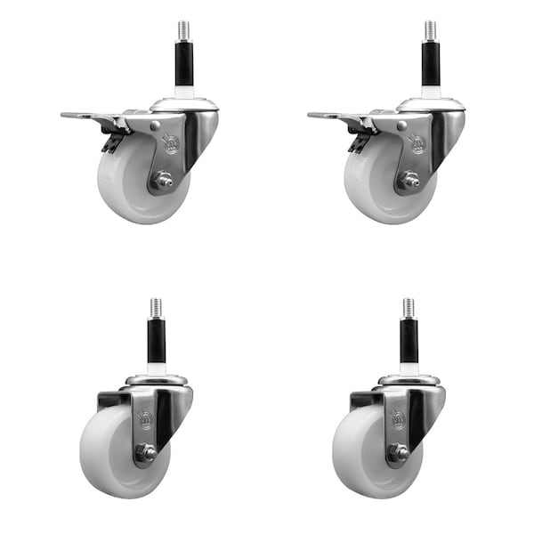 3'' Nylon Swivel 7/8'' Expanding Stem Caster Set 2 Total Lock Brakes, 4PK